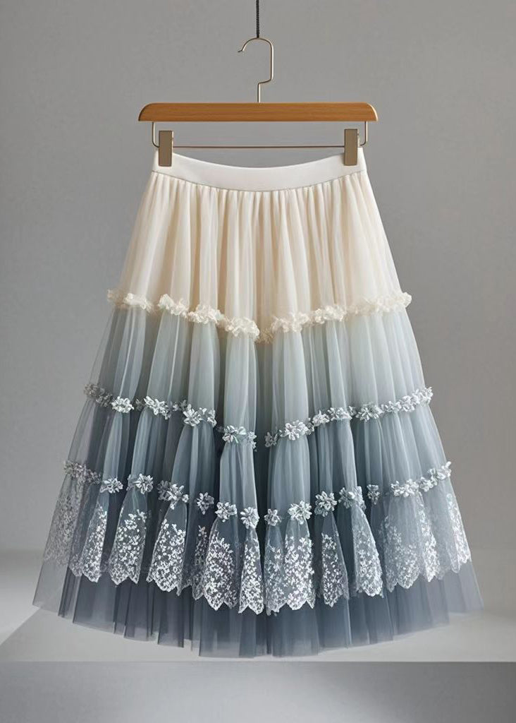 Gradient Color Ruffled Print Tulle Skirt Summer