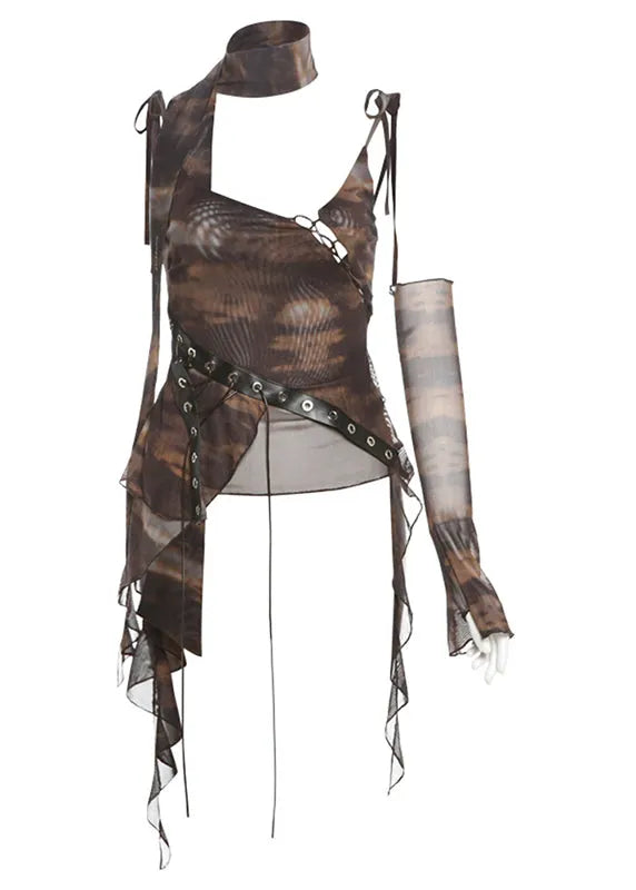 American Design Brown Asymmetrical Design Tulle Camisole Top