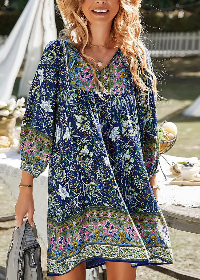 Blue V Neck Print Cotton Mid Dresses Summer