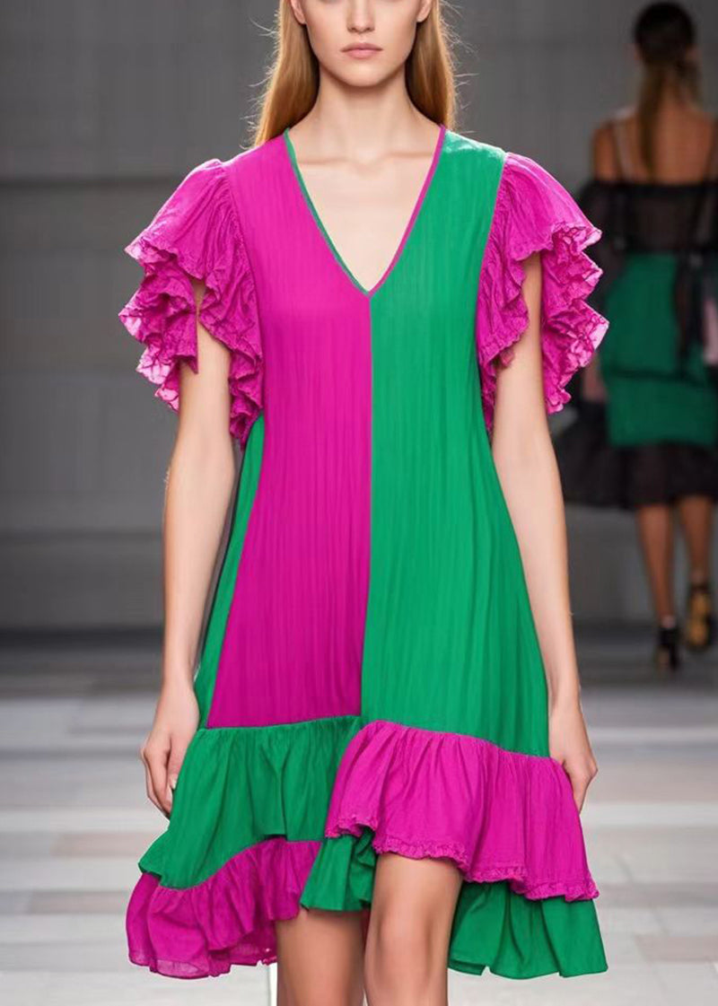Colorblock V Neck Patchwork Cotton Tea Dress Butterfly Sleeve