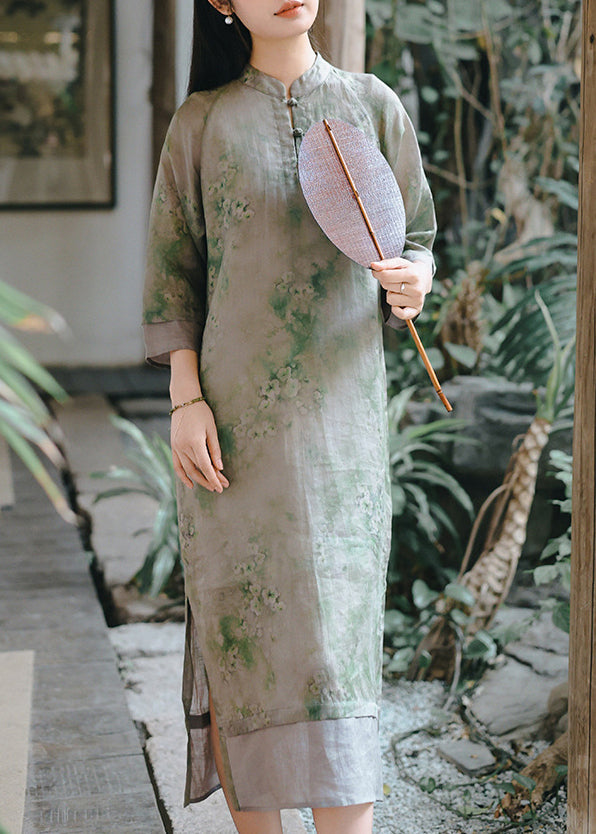 Loose Green Stand Collar Print Linen Long Dress Spring