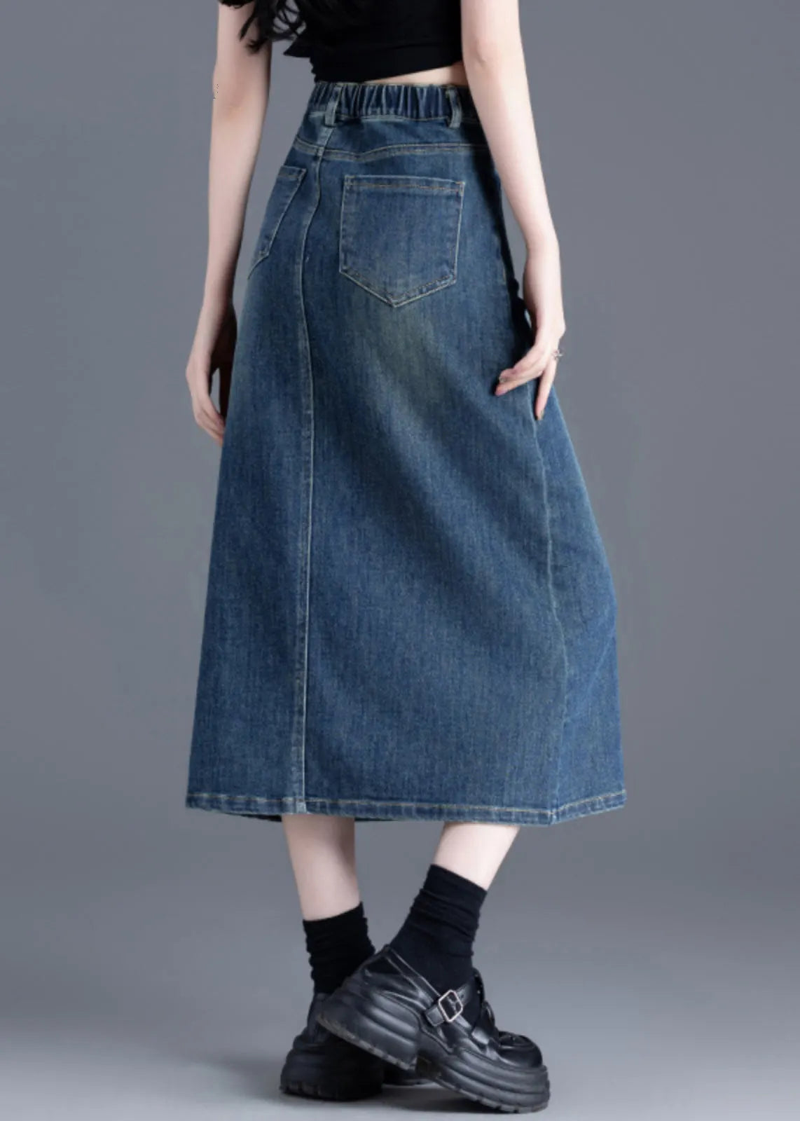 Italian Blue Side Open Silm Fit Denim a Line Skirt Spring