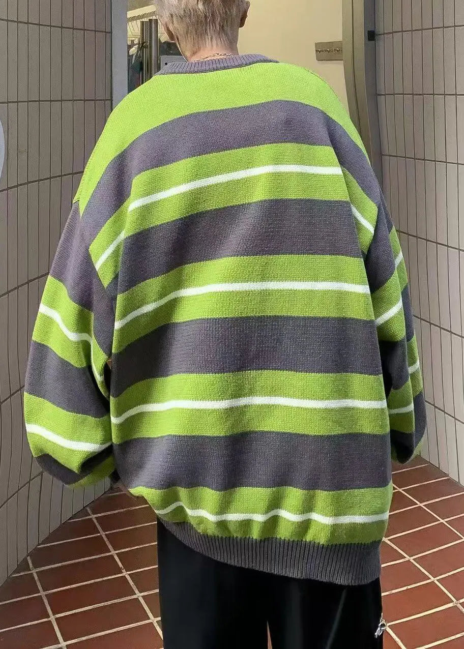 New Green O Neck Striped Knit Sweaters Winter
