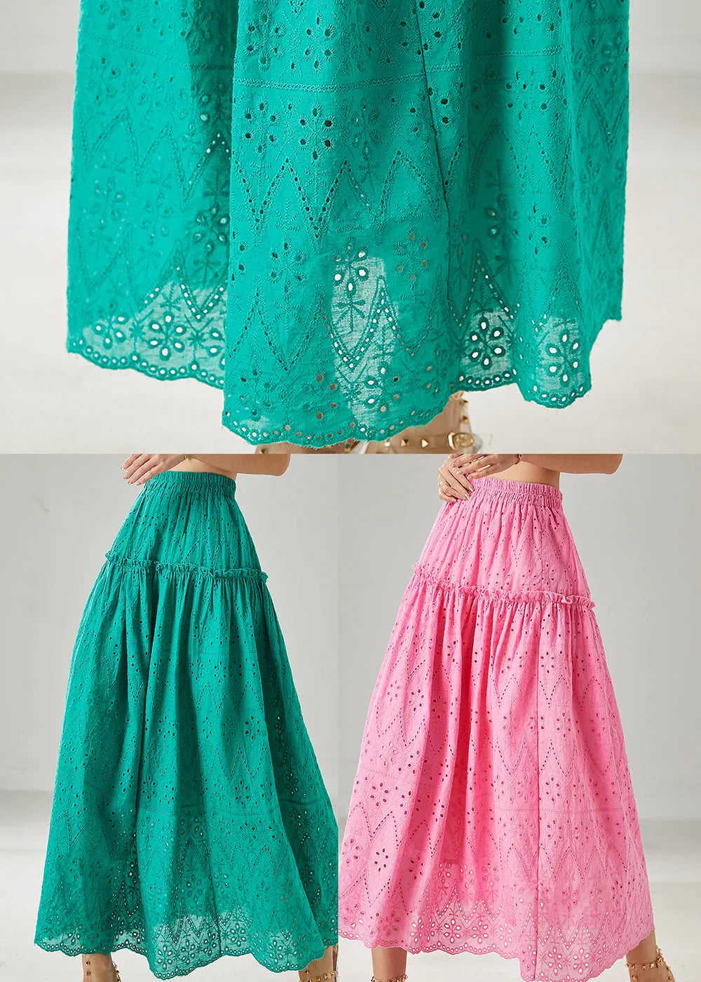 Green Cotton Skirts Ruffled Exra Large Hem Summer