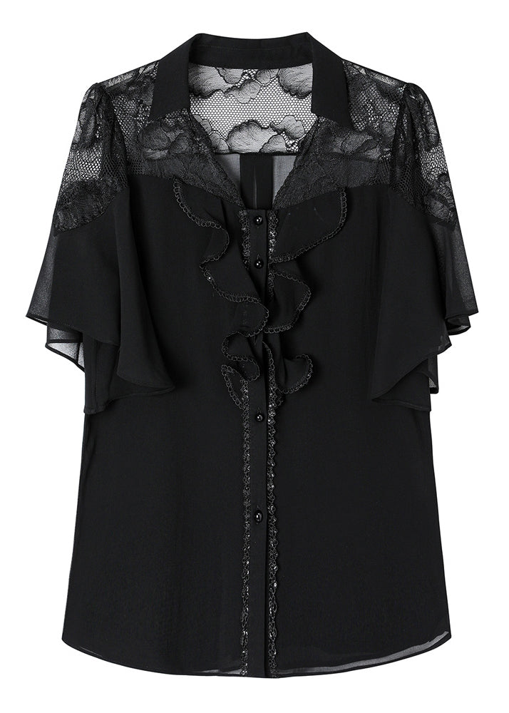 Black Ruffled Lace Patchwork Chiffon Shirt Summer