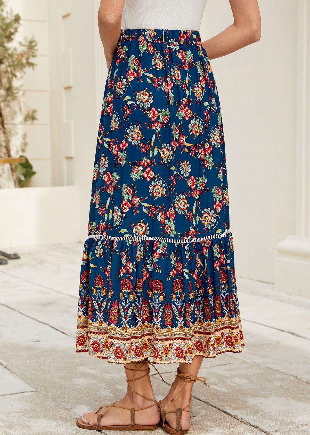 Navy Print Elastic Waist Cotton Skirt Summer