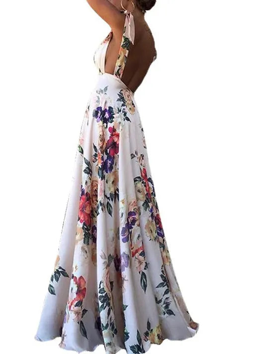 Backless Print Lace Up Chiffon Spaghetti Strap Dress Summer