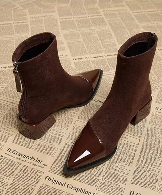 Brown Chunky Splicing Boots Pointed Toe