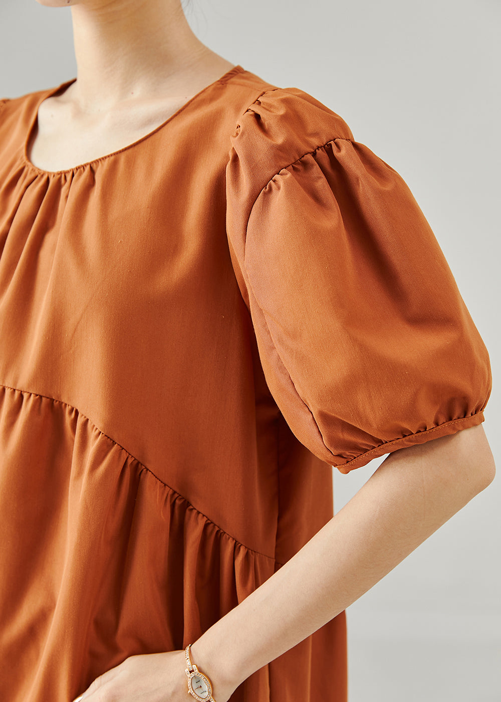 Caramel Oversized Patchwork Cotton Long Dresses Puff Sleeve