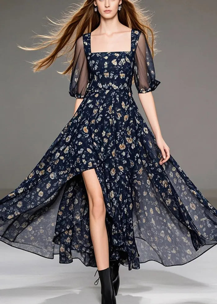 Black Print Chiffon Vacation Dresses Square Collar Side Open Summer