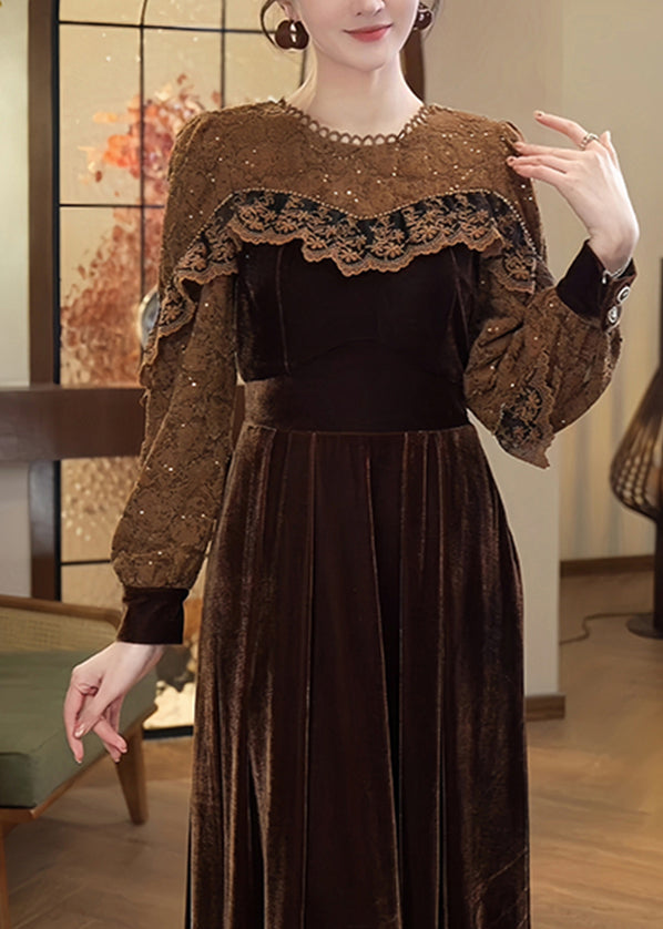 Coffee Lace Patchwork Silk Velvet Dress Spring