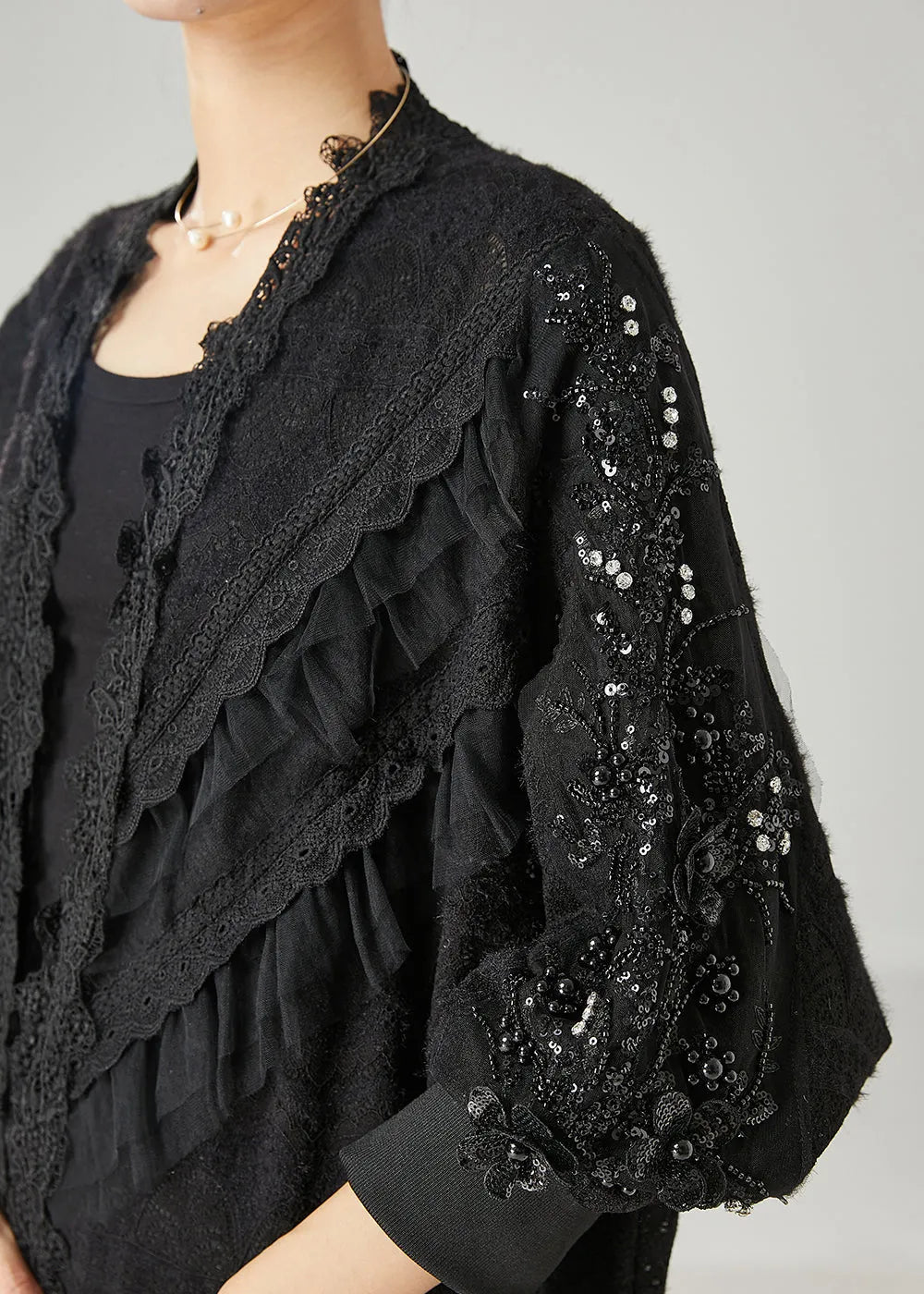 Black Ruffled Nail Bead Lace Cardigan Spring