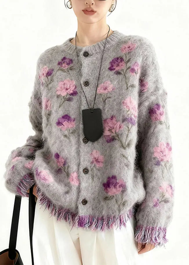 New Purple Print Button Tassel Cotton Knit Cardigans Spring