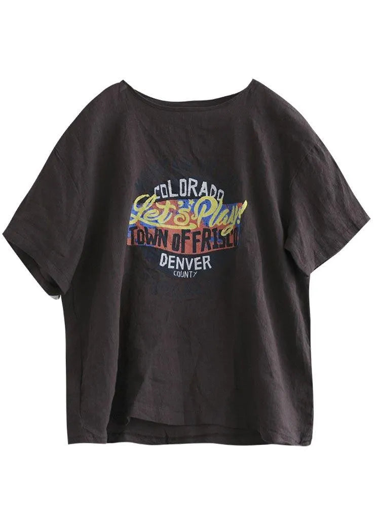 Loose Chocolate O-neck Graphic Linen T-shirt Half Sleeve