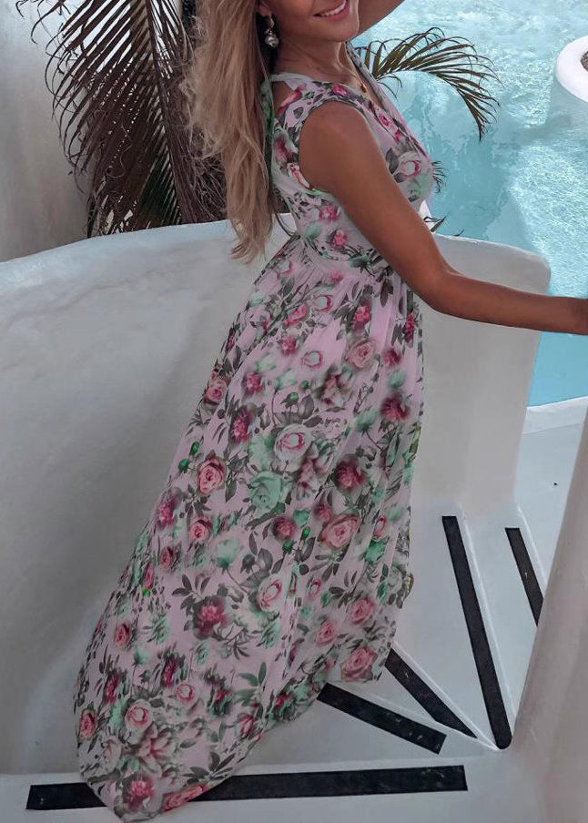 French Pink Print Side Open Chiffon Dress Sleeveless
