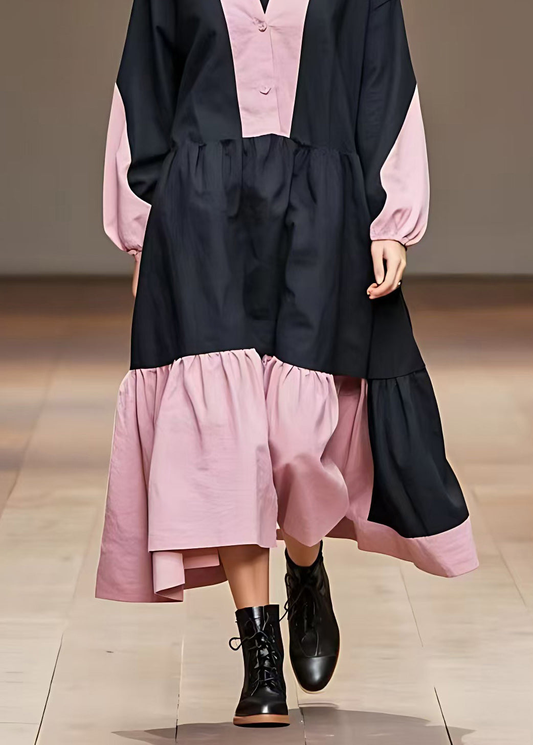 Pink Wrinkled Patchwork Maxi Dress Long Sleeve