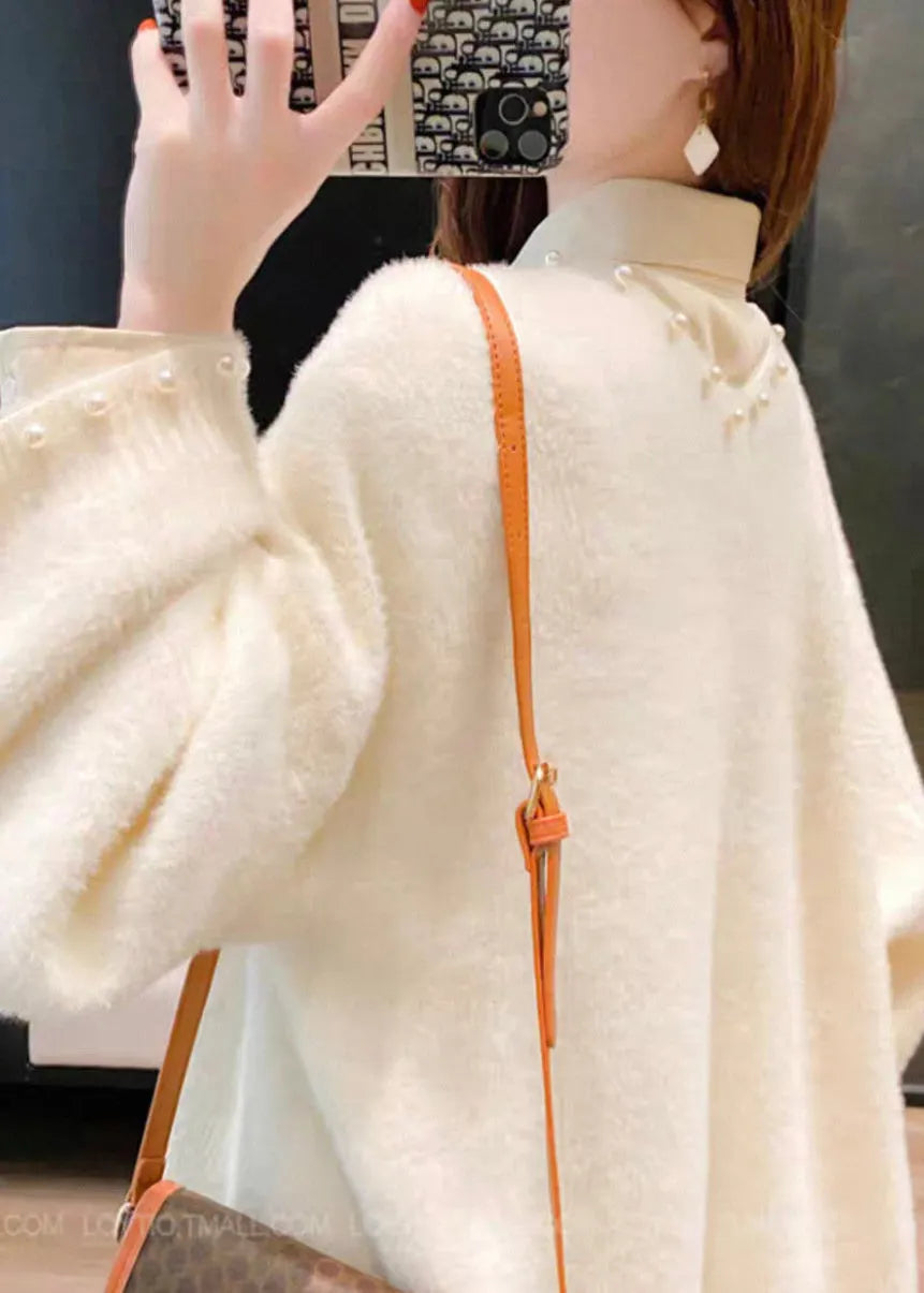 New White Original Design Pearl Knit Cardigan