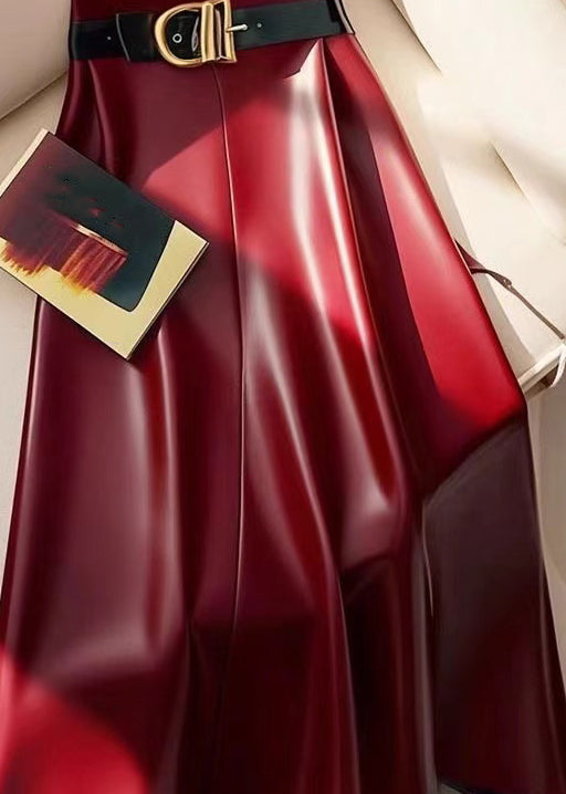 Stylish Red Sashes High Waist Faux Leather Skirts Winter