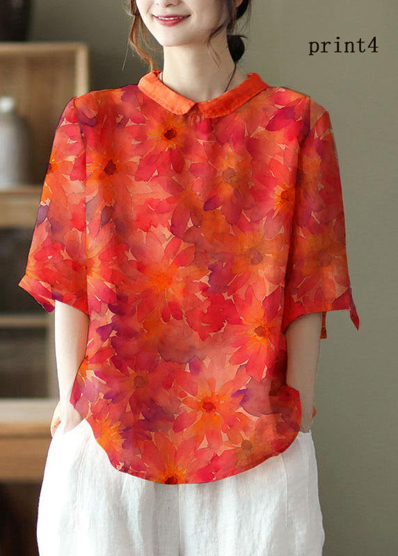 Diy Orange Print Ramie Half Sleeve Shirt Summer