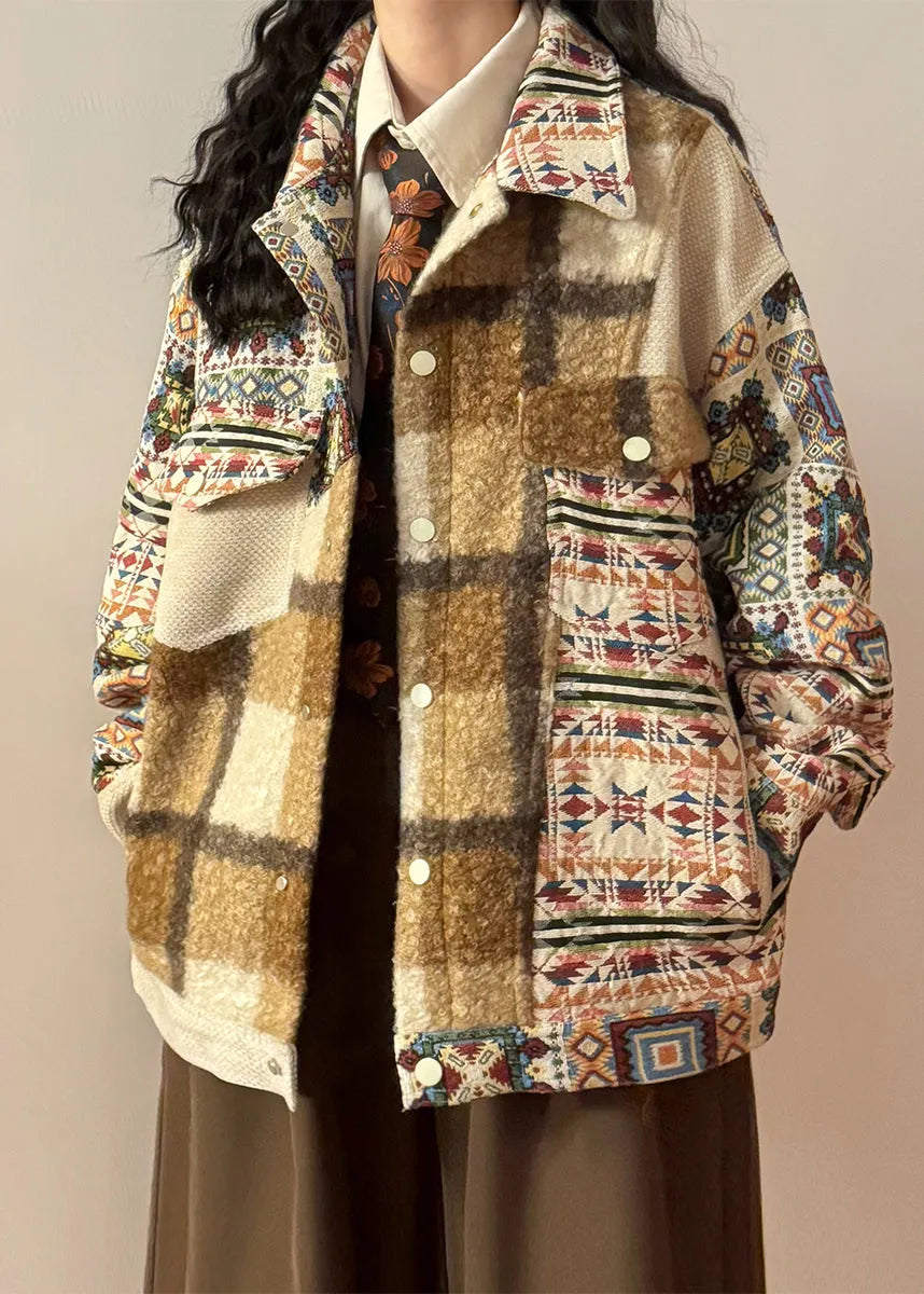 Loose Print Button Pockets Patchwork Cotton Coat Spring