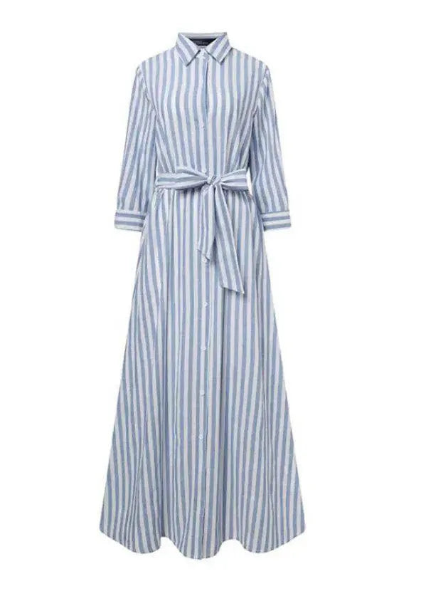Black Striped Tie Waist Maxi Shirts Dress Three Quarter Sleeve