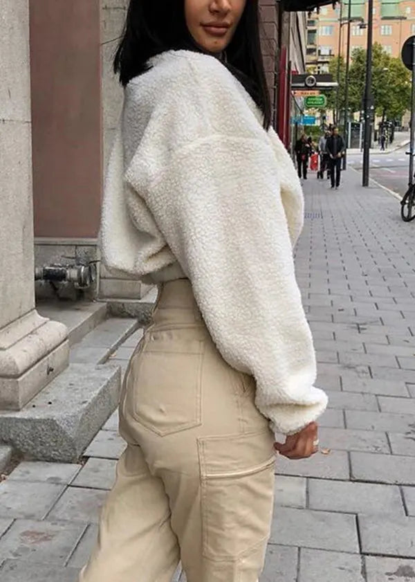 White Zip Up Patchwork Faux Fur Pullover Tops Fall