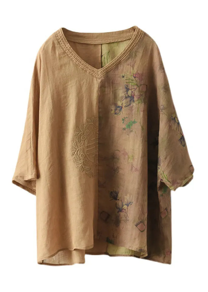 Yellow Print Patchwork Ramie Shirts Short Sleeve