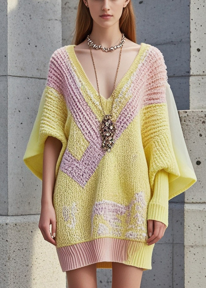 Yellow Asymmetrical Patchwork Long Knit Dress Fall