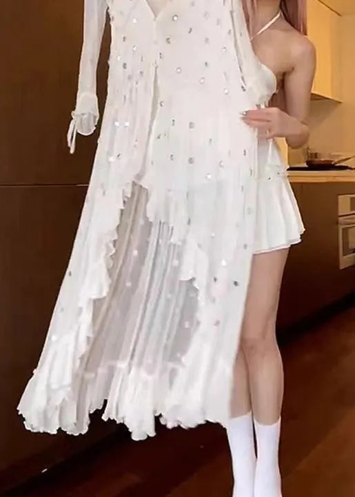 White V Neck Asymmetrical Design Sequins Dresses Long Sleeve
