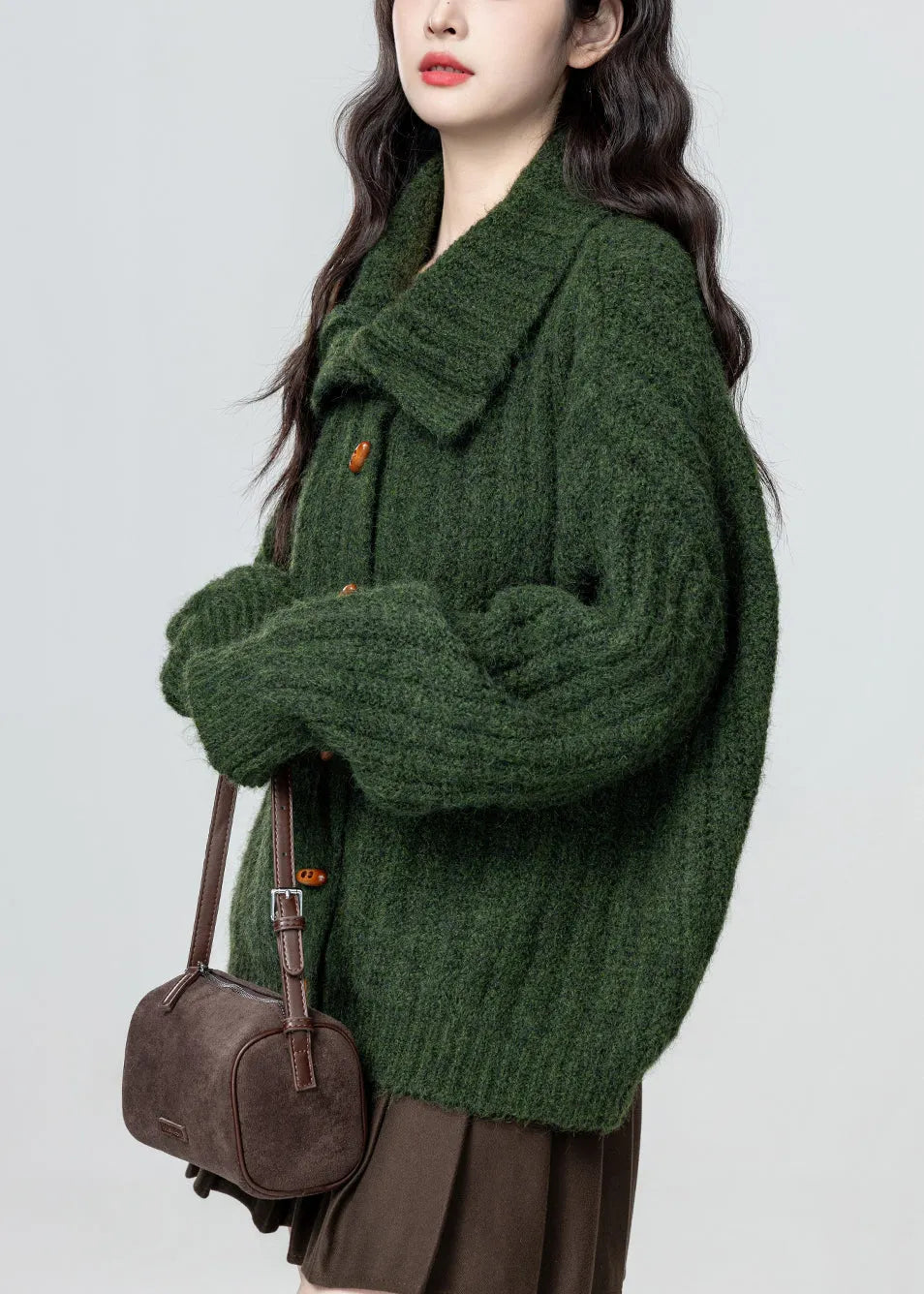 Green Stand Collar Button Cozy Knit Coat Winter