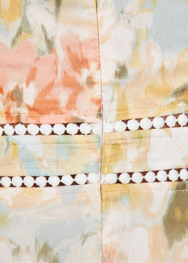 Yellow V Neck Print Chiffon Long Dress Spring