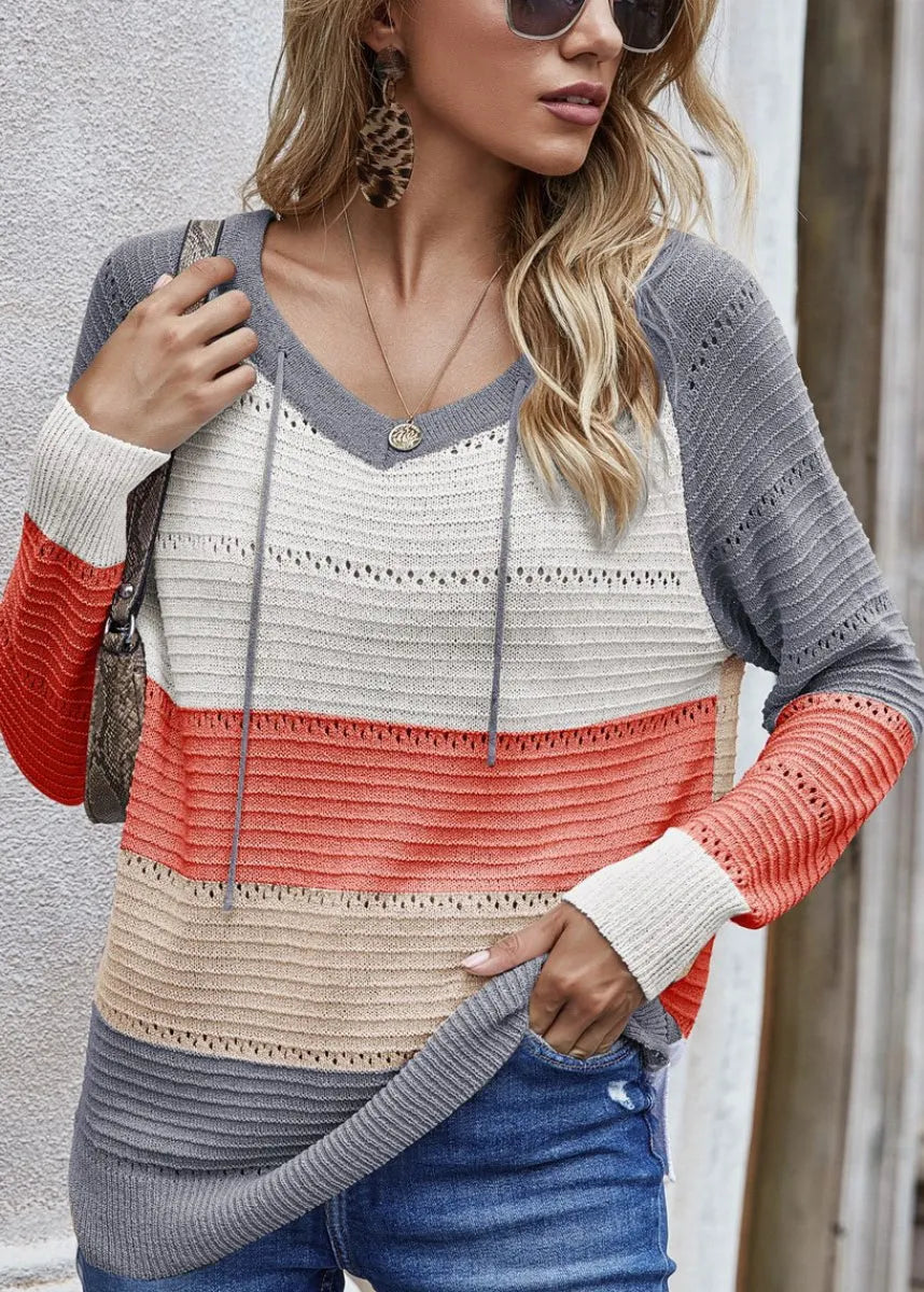 Pink Hooded Hollow Out Thin Knit Top Fall