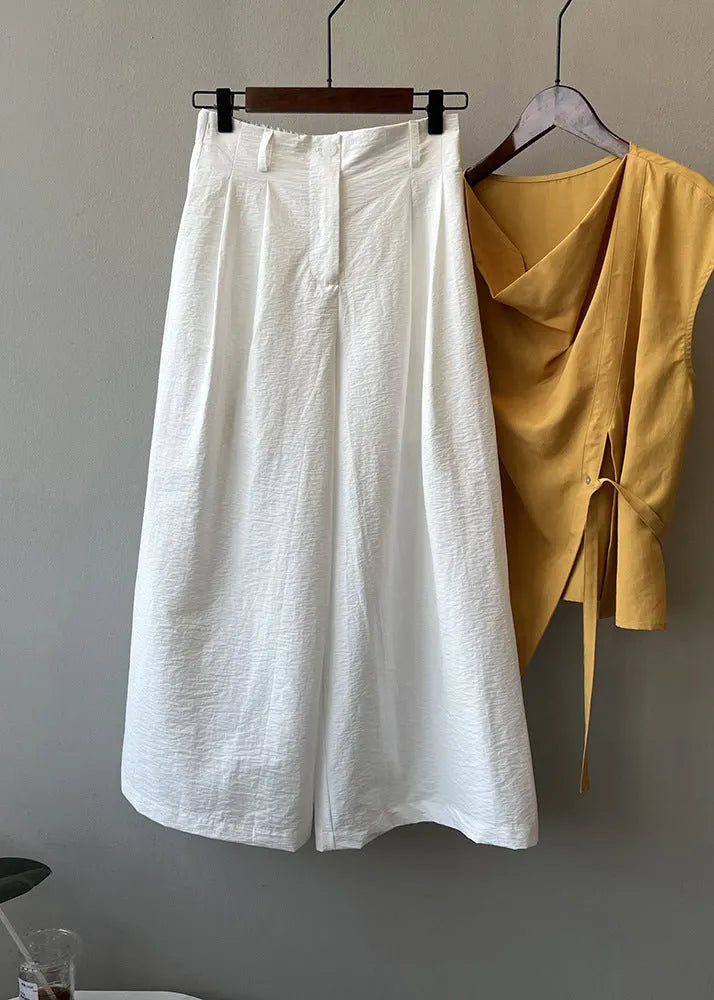 Simple White Pockets Elastic Waist Cotton Wide Leg Pants Fall