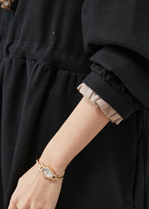 Black Drawstring Cotton Fake Two Piece Dresses Spring