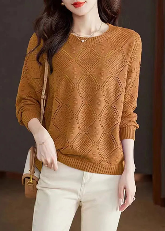 Rose O-neck Hollow Out Cotton Knitted Sweaters Fall