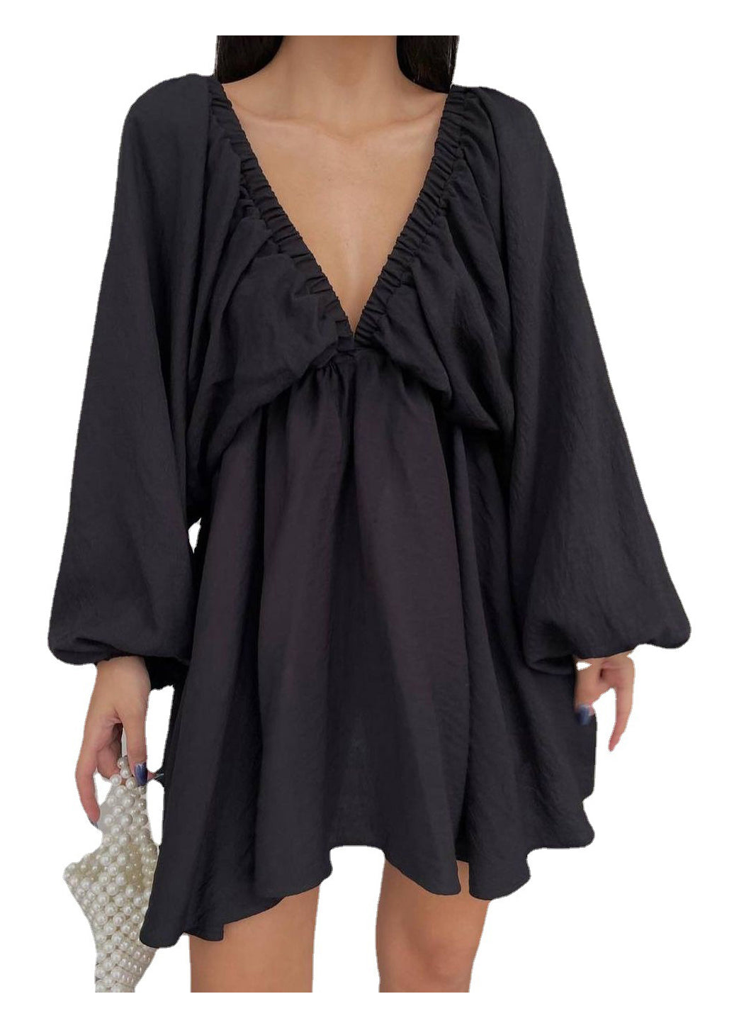 Style Lantern Sleeve V Neck Short Dress