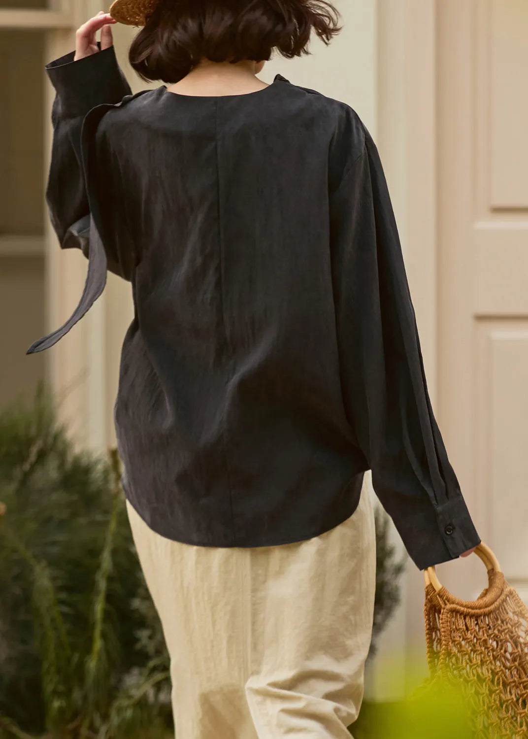 Loose Dark Grey Patchwork Cotton Shirt Fall