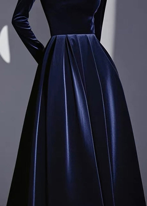 Slim Fit Navy Turtleneck High Waist Silk Velvet Dresses Spring