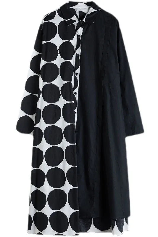 Spring Polka Dot Colorblock Lapel Shirt Dress