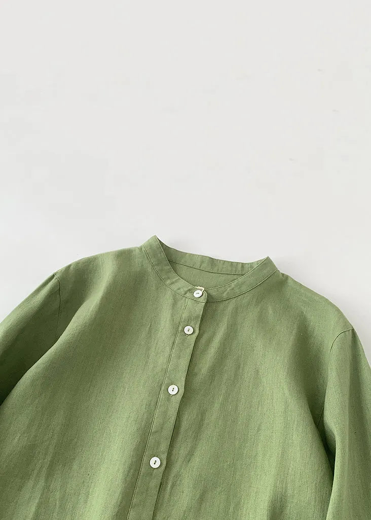 Loose Green O-neck Button Linen Shirts Spring