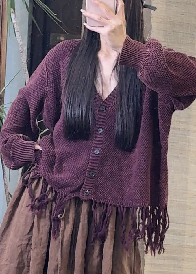 Red V Neck Button Tasseled Knit Sweater Spring
