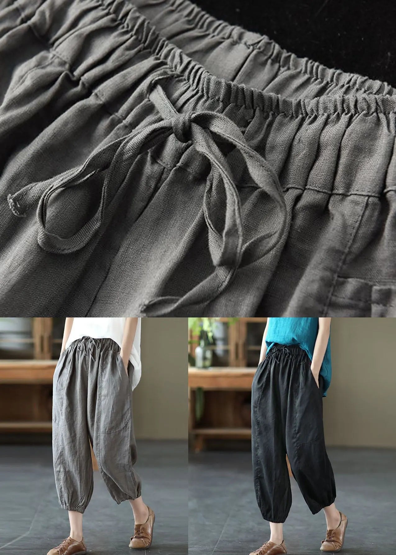 Classy Black Pockets Patchwork Linen Harem Pants Summer