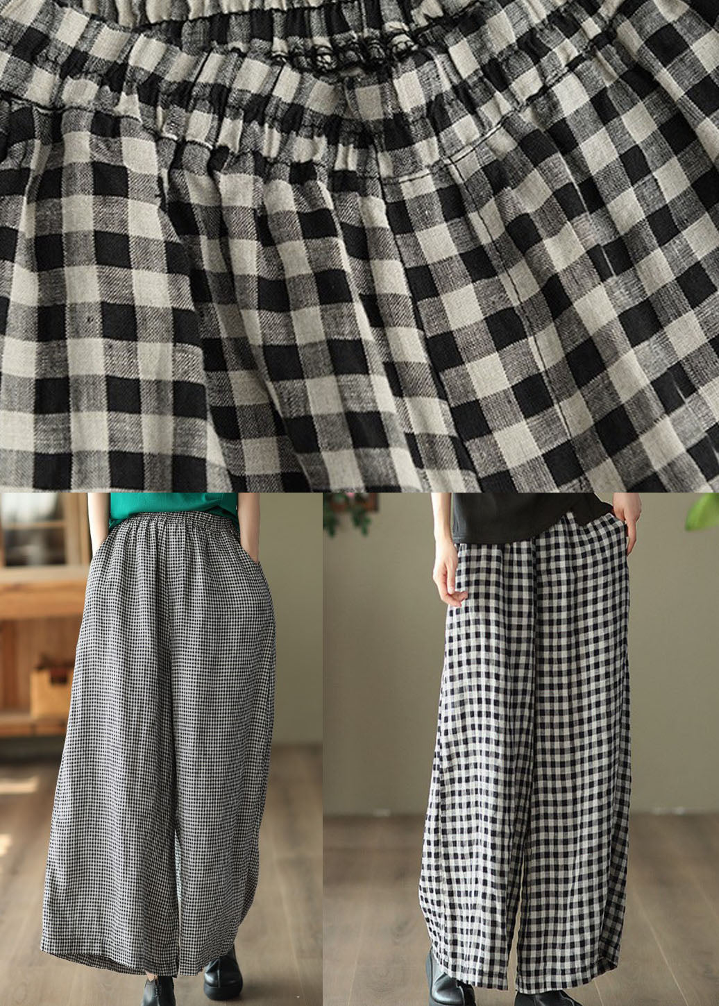 Small Plaid Pockets Patchwork Linen Wide Leg Pants Summer