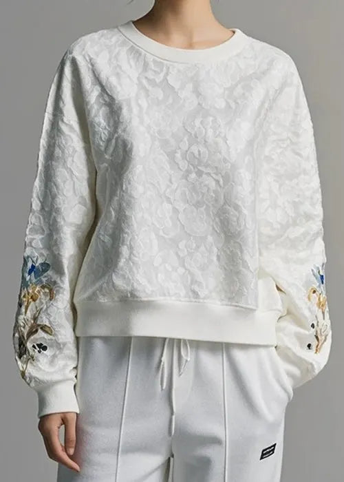 Jacquard White O Neck Cotton Sweatshirt Fall