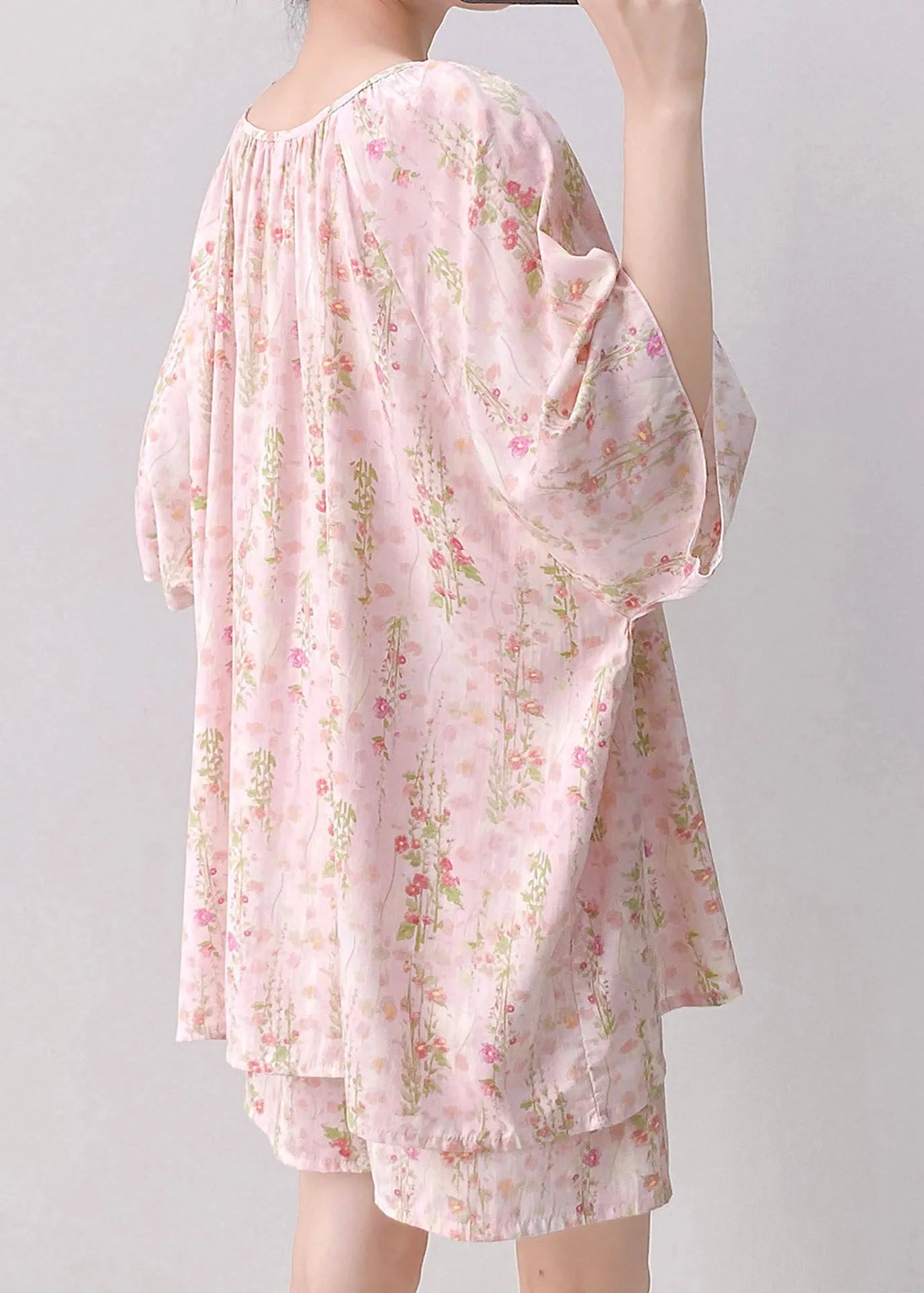 Art Pink Tie Lace Top and Shorts Pajama Set Summer