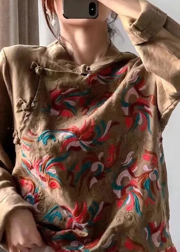 Retro Red Stand Collar Embroidered Linen Shirt Long Sleeve