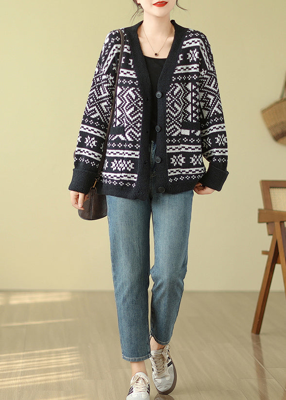 Black Oversized Print Knit Cardigan Spring
