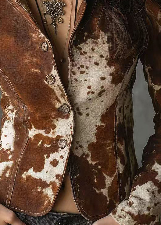 Chocolate Peter Pan Collar Print Button Faux Leather Jackets Fall