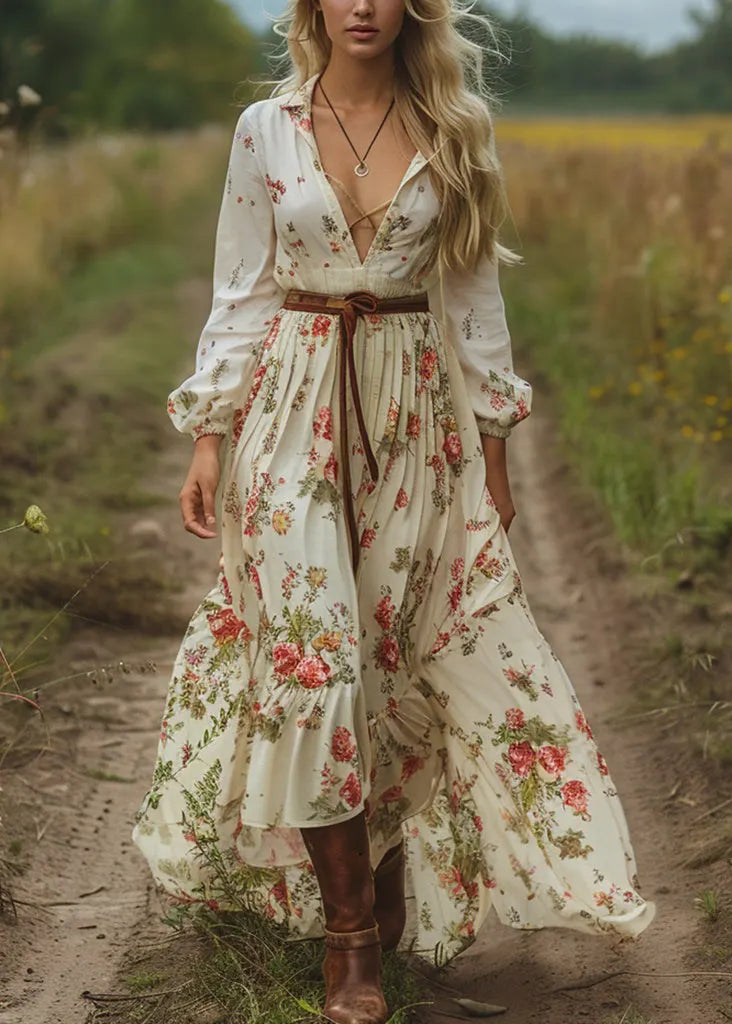 V Neck Print Long Sleeve Pastoral Dress