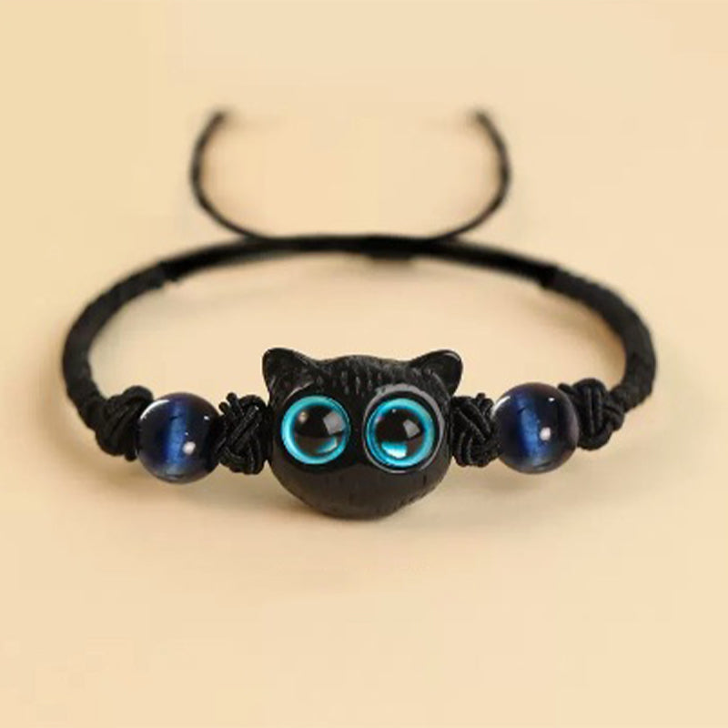 Buddha Stones Ebony Wood Cat Head Pattern Peace Bracelet